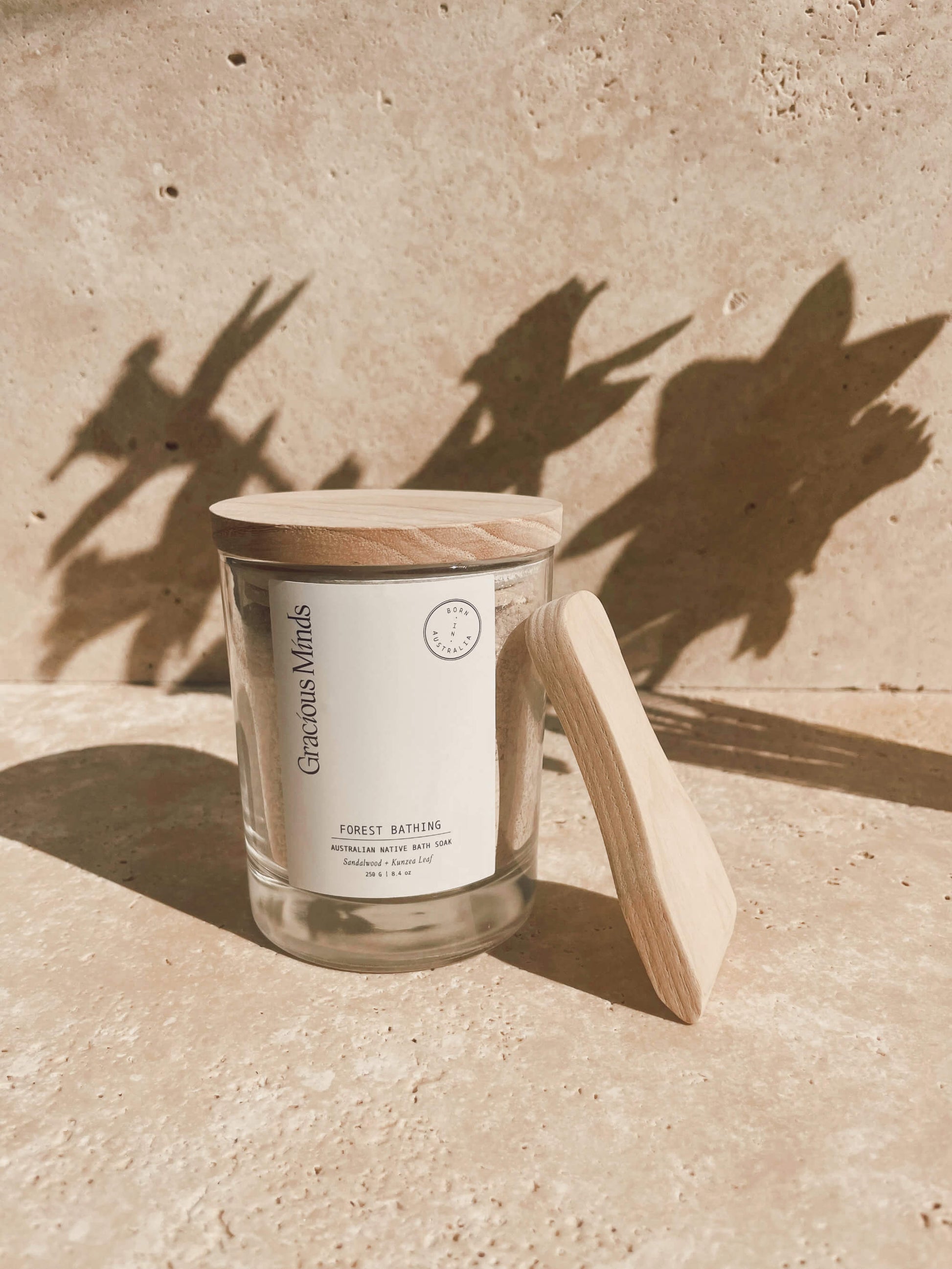 Gracious Minds Forest Bathing Soak on a stone benchtop.