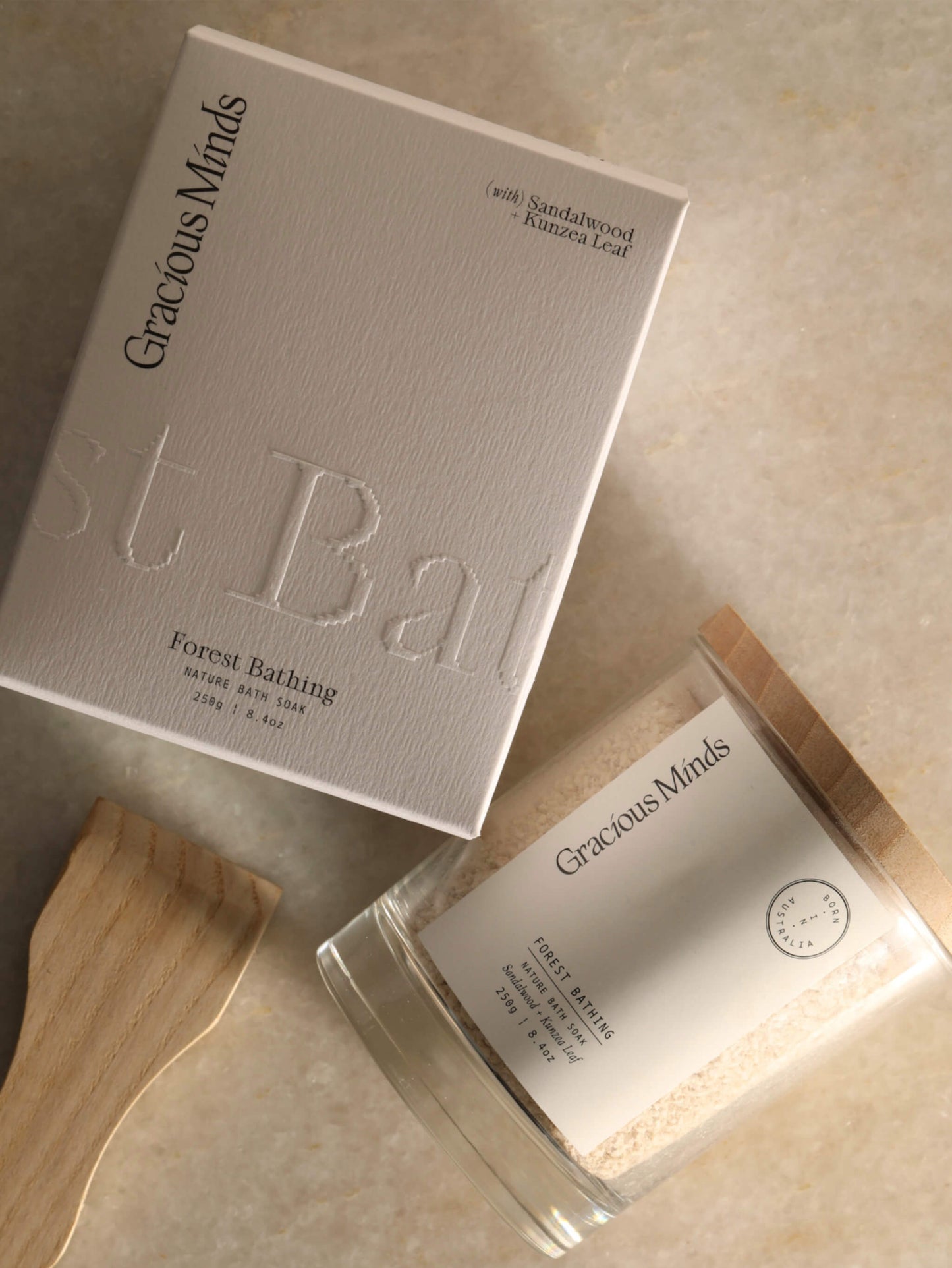 Gracious Minds Forest Bathing Soothing Bath Soak, box and timber scoop.