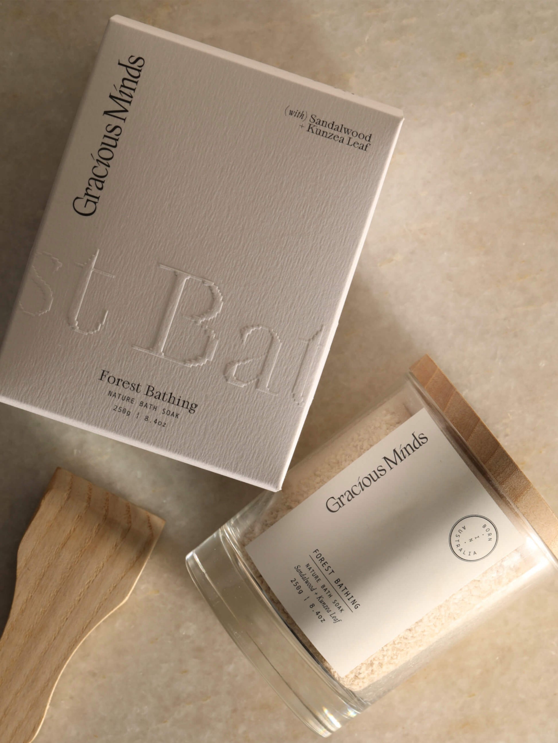 Gracious Minds Forest Bathing Soothing Bath Soak, box and timber scoop.