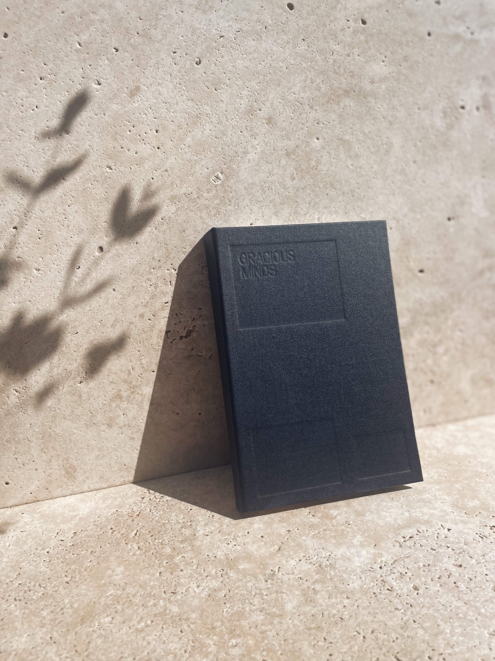 Gracious Minds Reflections journal in ash leaning on a stone backdrop.