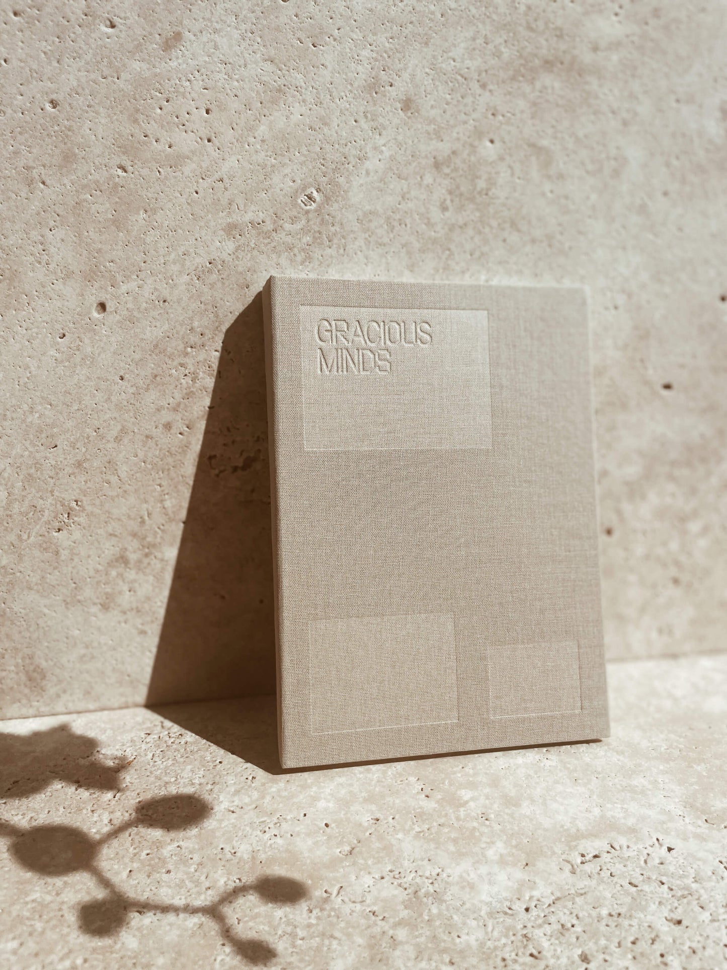 Gracious Minds Reflections journal in colour desert sand, leaning on a stone backdrop.